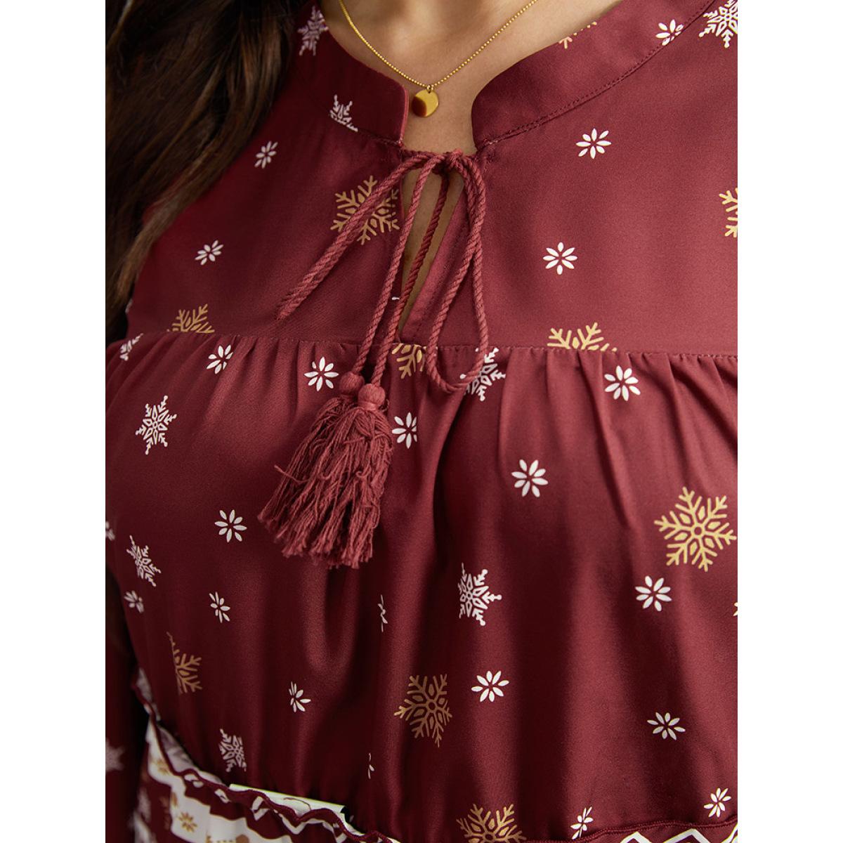 Plus Size Scarlet Christmas Print Tassels Ties Blouse Women Elegant Long Sleeve Tie Neck Festival-Christmas Blouses BloomChic 14-16/1X Product Image