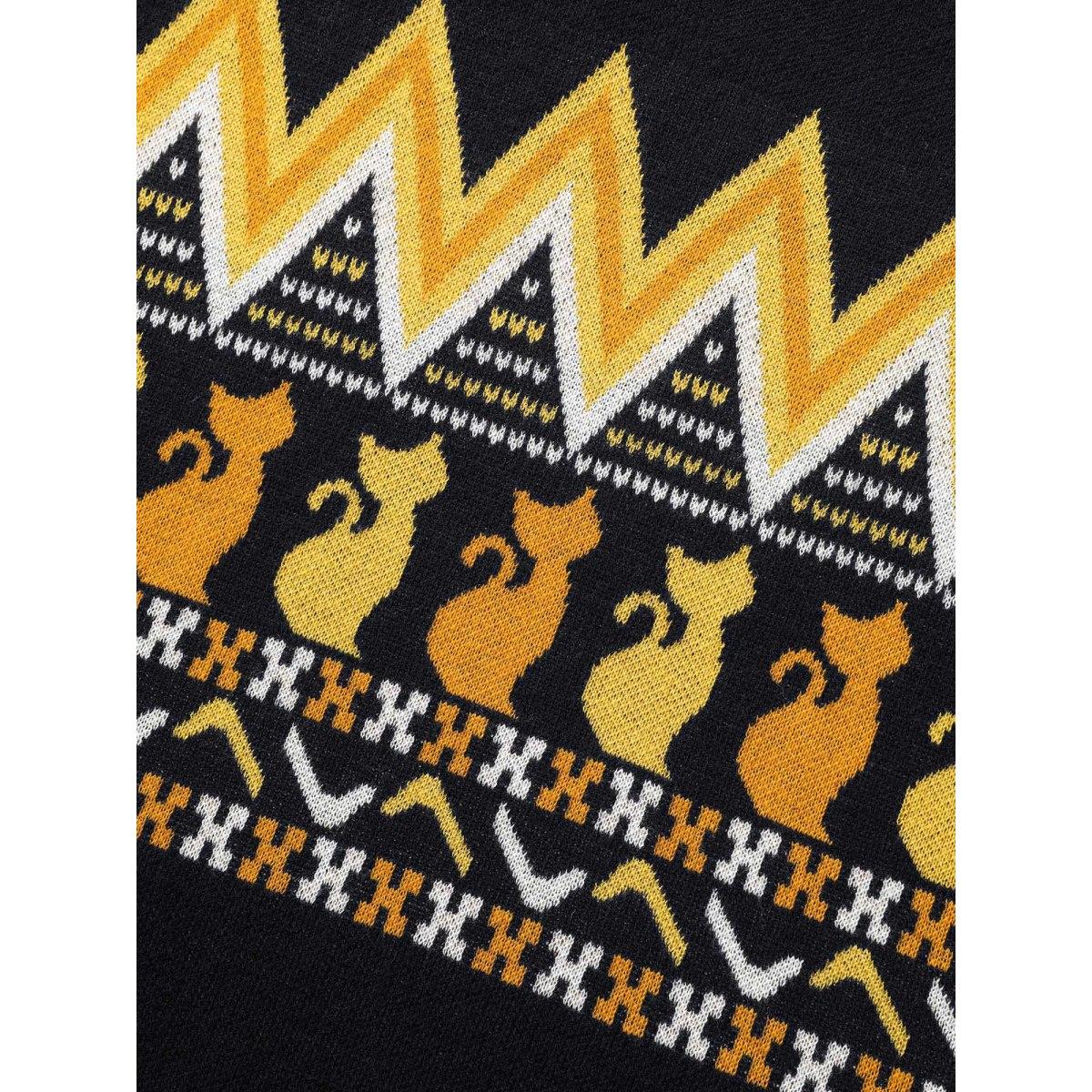 Plus Size Cat Printed Jacquard Fair Isle Pullover Black Women Casual Long Sleeve Round Neck Everyday Pullovers BloomChic 18-20/2X Product Image