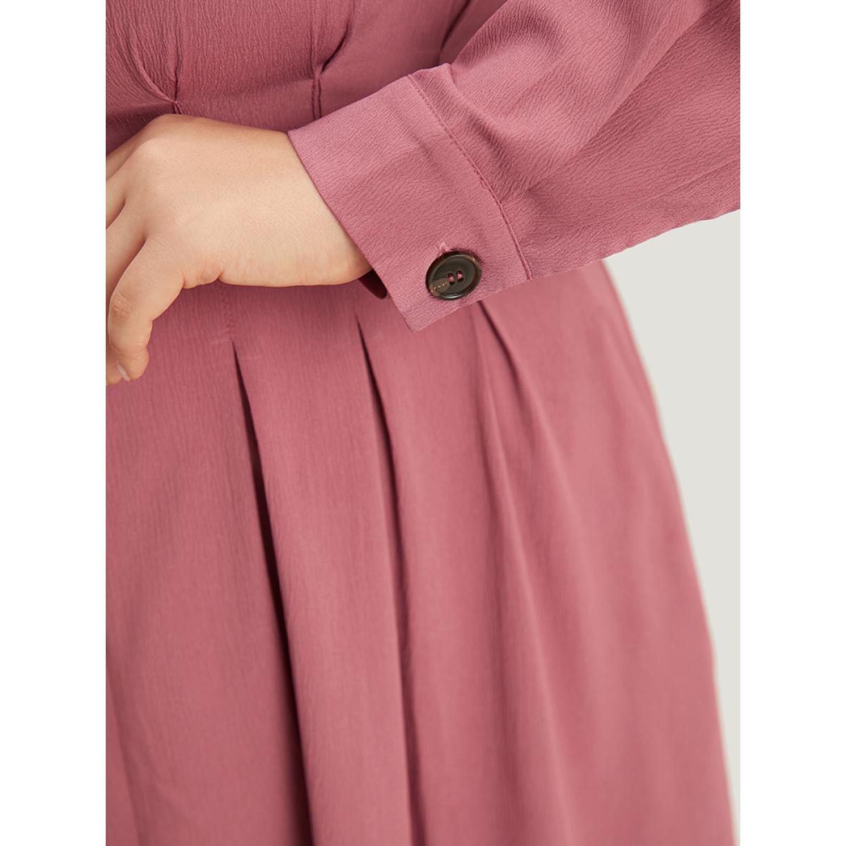 Plus Size Crew Neck Plicated Detail Ruffle Hem Dress DustyPink Women Office Plain Round Neck Long Sleeve Curvy Midi Dress BloomChic 30/6X Product Image