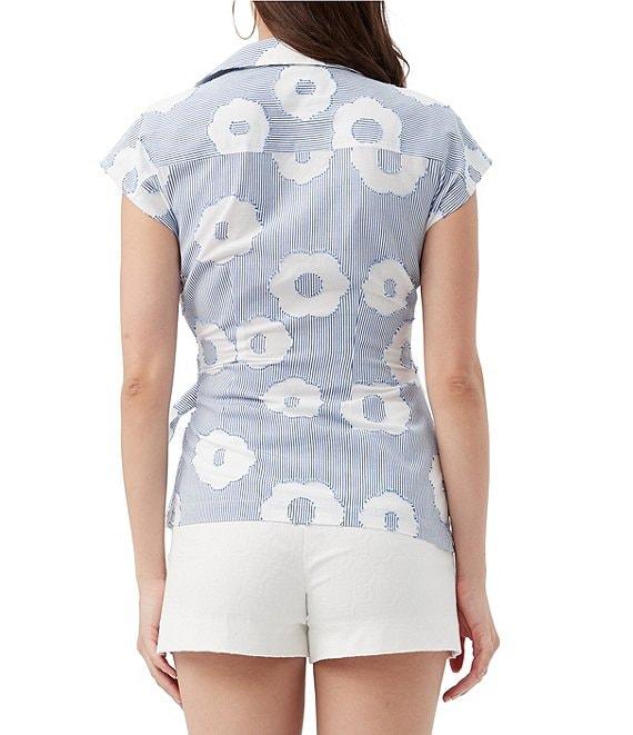 Trina Turk Avant Stripe Floral Print Collar V-Neck Cap Sleeve Wrap Top Product Image