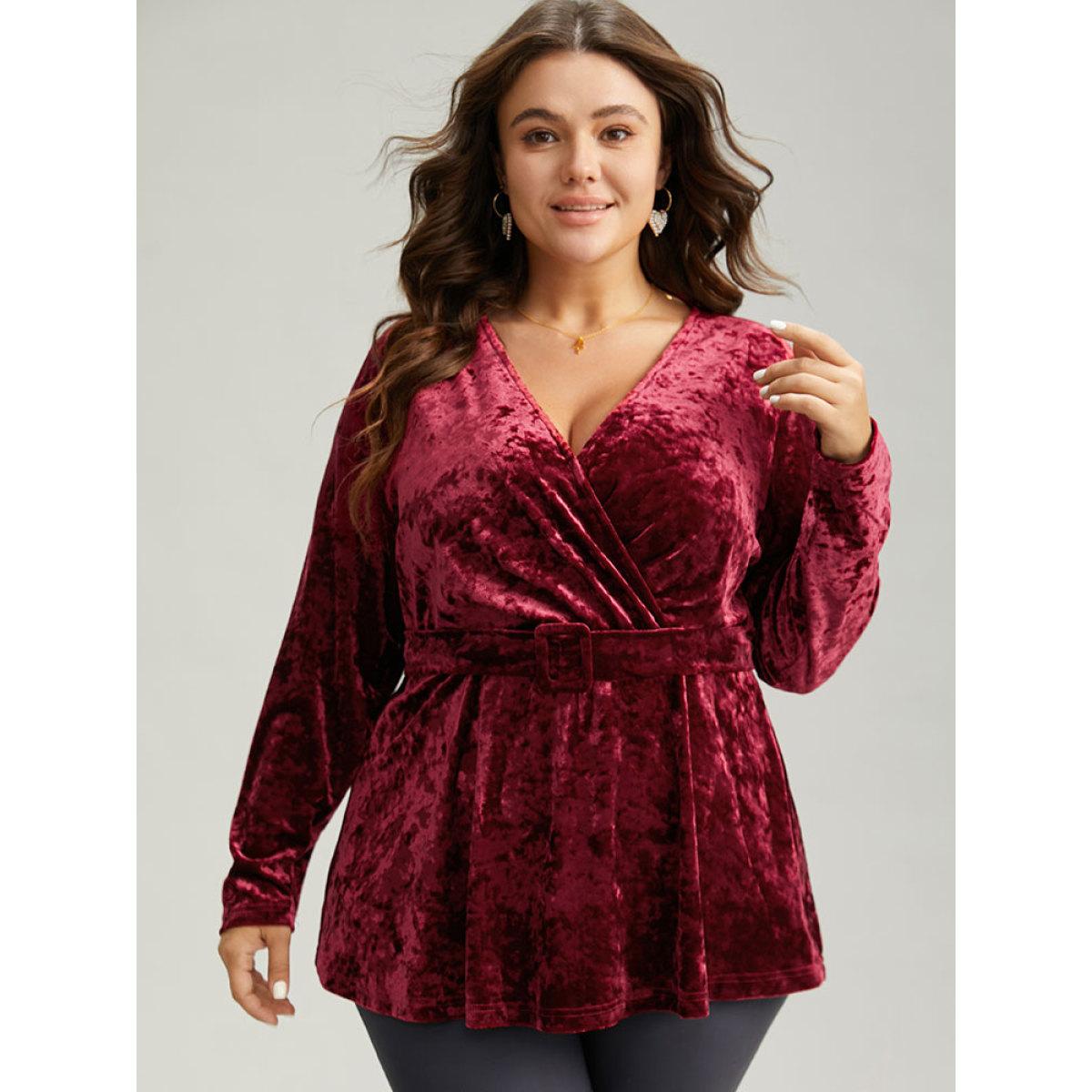 Plus Size Scarlet Velvet Overlap Collar Elastic Waist Buckle Detail Blouse Women Glamour Long Sleeve Overlap Collar Festival-Christmas Blouses BloomChic 12/L Product Image