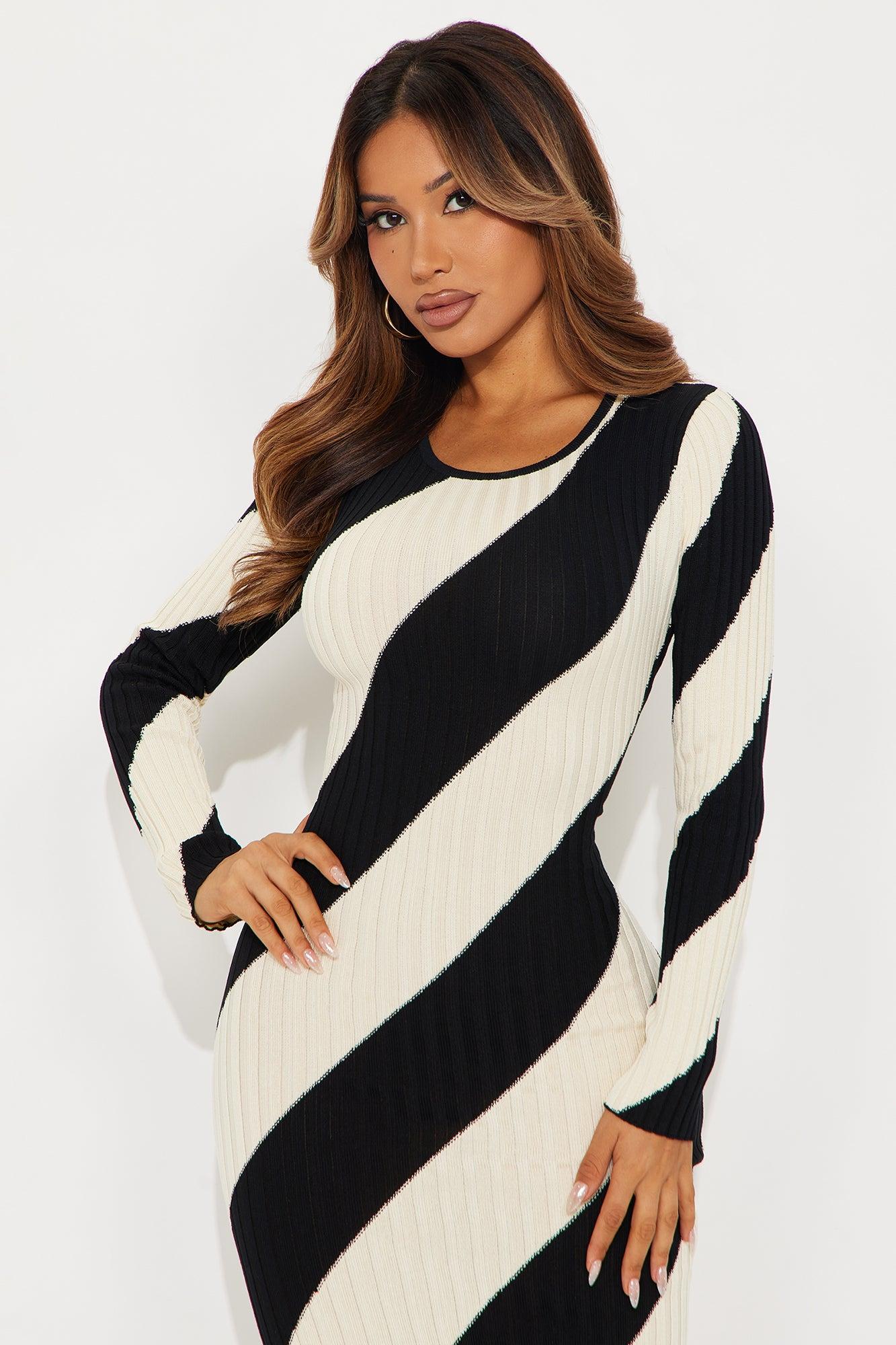 Kiana Striped Ribbed Midi Dress - Black/White Female Product Image