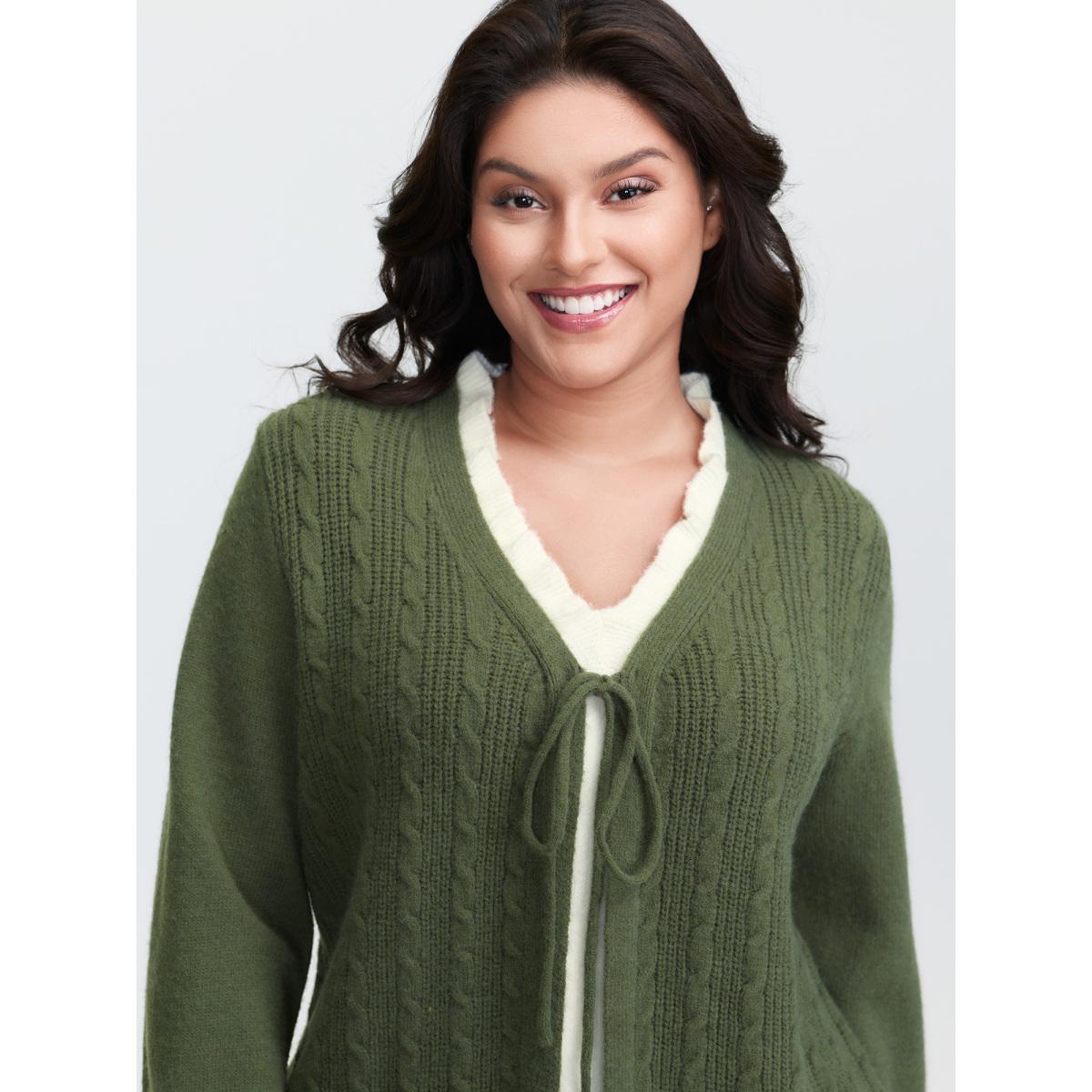 Plus Size 2-in-1 Cableknit Layered Tie Pullover DarkGreen Women Leisure Loose Long Sleeve V-neck Casual Pullovers BloomChic 18-20/2X Product Image