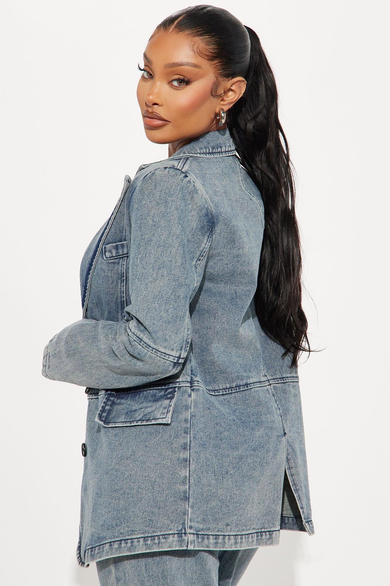 Got Your Mind Racing Denim Blazer - Grey Female Product Image