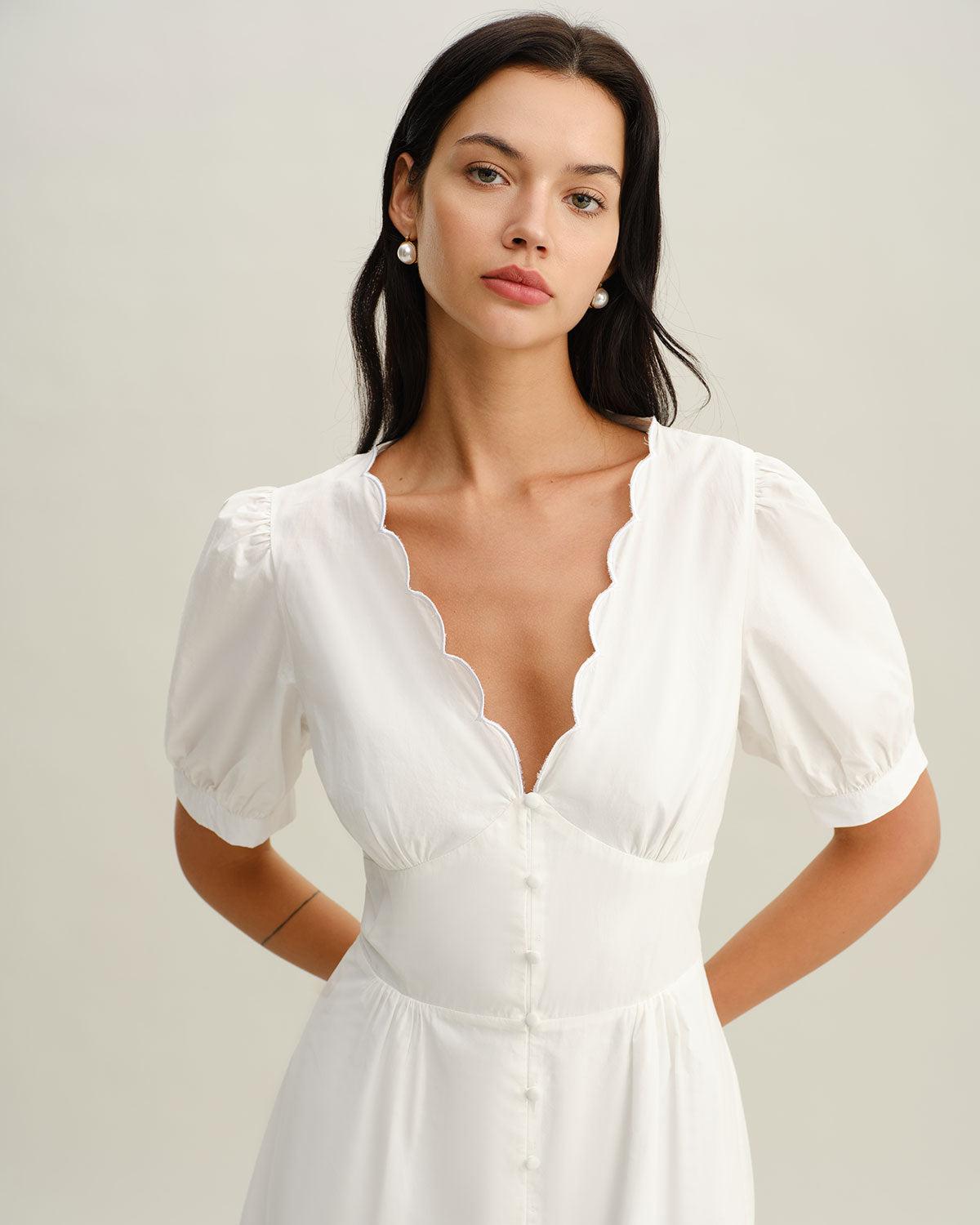 White V-Neck Ruched Mini Dress Product Image