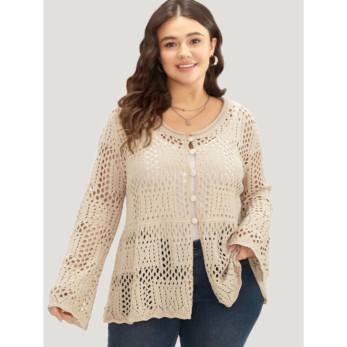 Plus Size Plain Hollow Out Button Through Bell Sleeve Cardigan Beige Women Casual Loose Long Sleeve Everyday Cardigans BloomChic 12/L Product Image