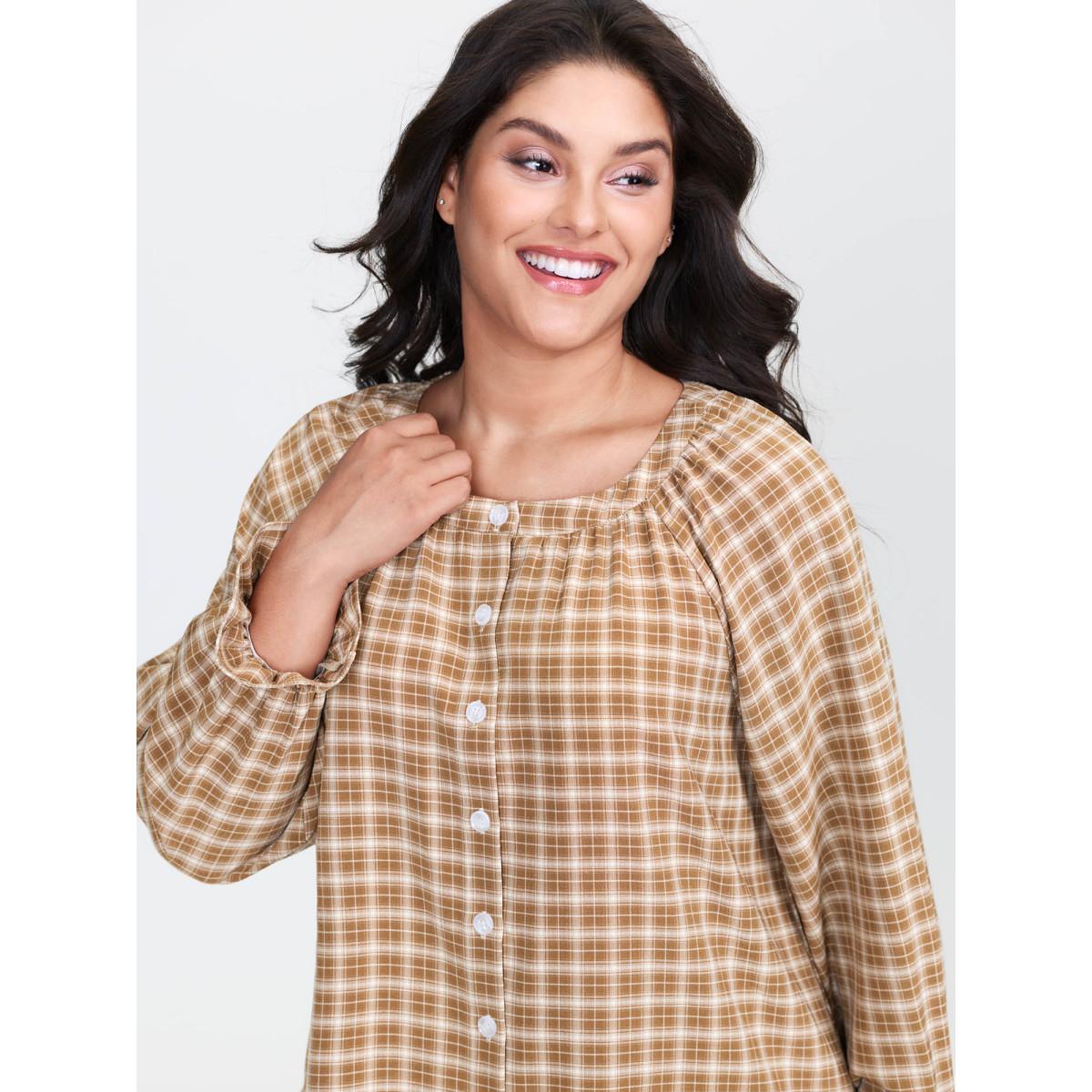 Plus Size Gingham Ruffled Hem Loungewear Set Women Bronze Button Extra Long Sleeve Round Neck Leisure Loungewear Sets BloomChic 14-16/1X Product Image