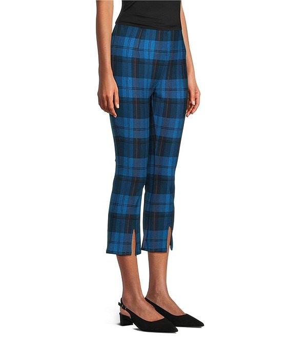 Slim Factor by Investments Ponte Knit Vallarta Blue Plaid No Waist Kick Flare Crop Split Hem Pants Product Image