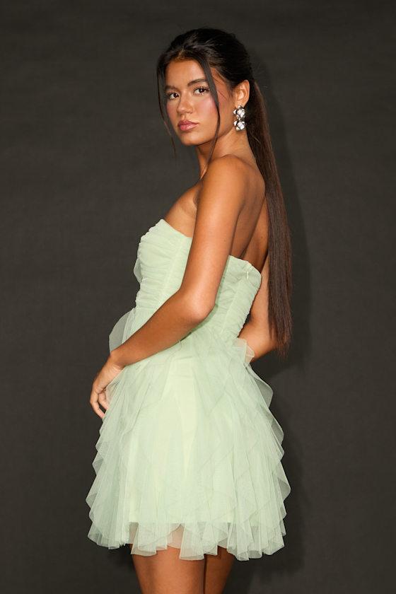 Delightful Beauty Mint Green Mesh Strapless Ruffled Mini Dress Product Image