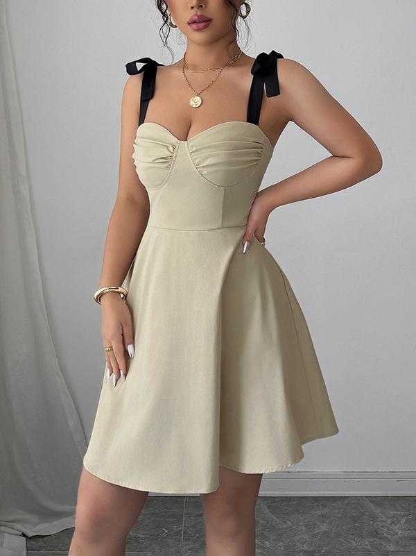 A-Line High Waisted Pleated Zipper Spaghetti-Neck Mini Dresses Product Image