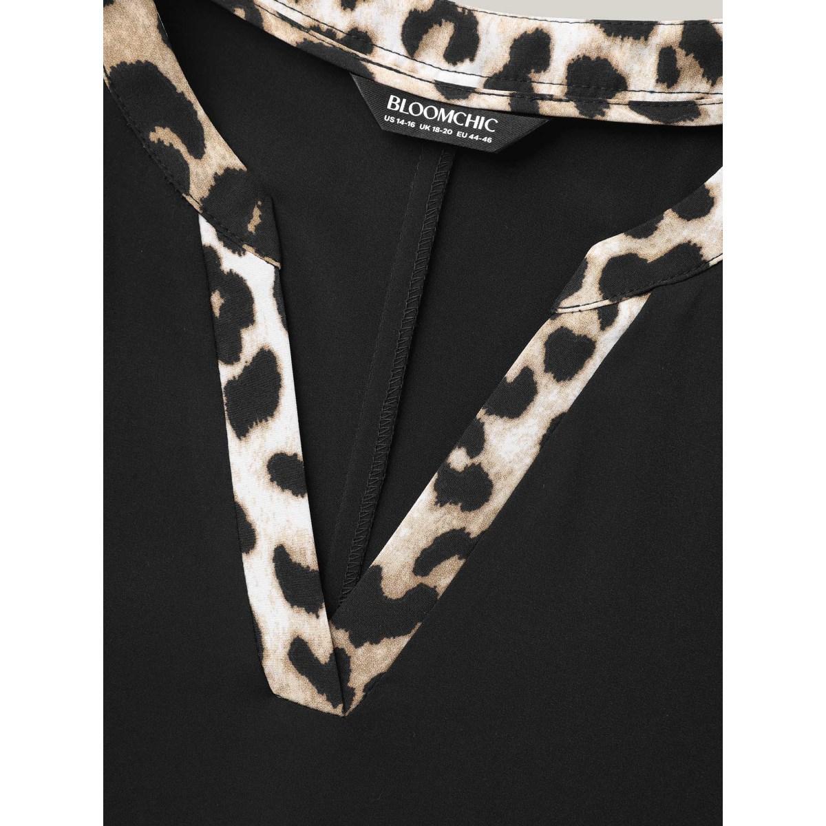 Plus Size Black Leopard Print Spliced Plain Blouse Women Office Sleeveless Non Vacation Blouses BloomChic 12/L Product Image