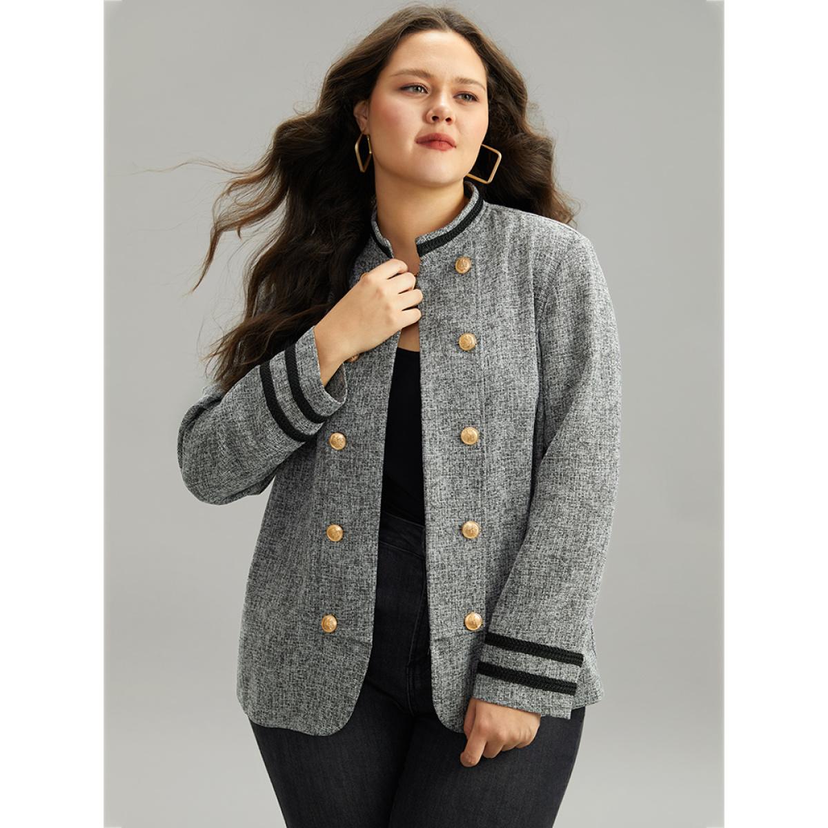 Plus Size Textured Metal Detail Contrast Trim Coat Women DimGray Elegant Texture Ladies Everyday Winter Coats BloomChic 28/5X Product Image