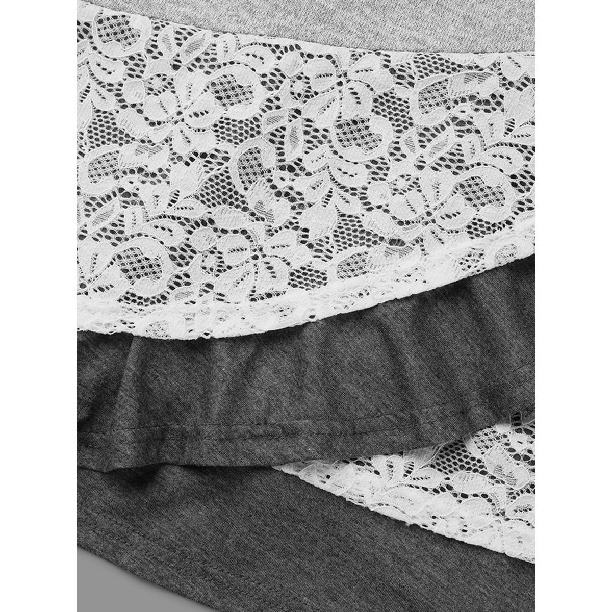 Plus Size Lace Overlap Hem Round Neck T-Shirt LightGray Women Casual Overlapping Round Neck Everyday T-shirts BloomChic 12/L Product Image