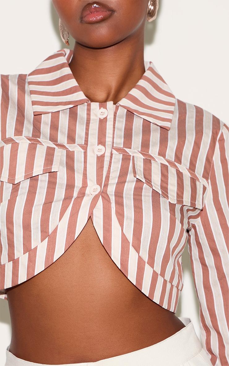 Brown Striped Curved Hem Cropped Shirt Product Image