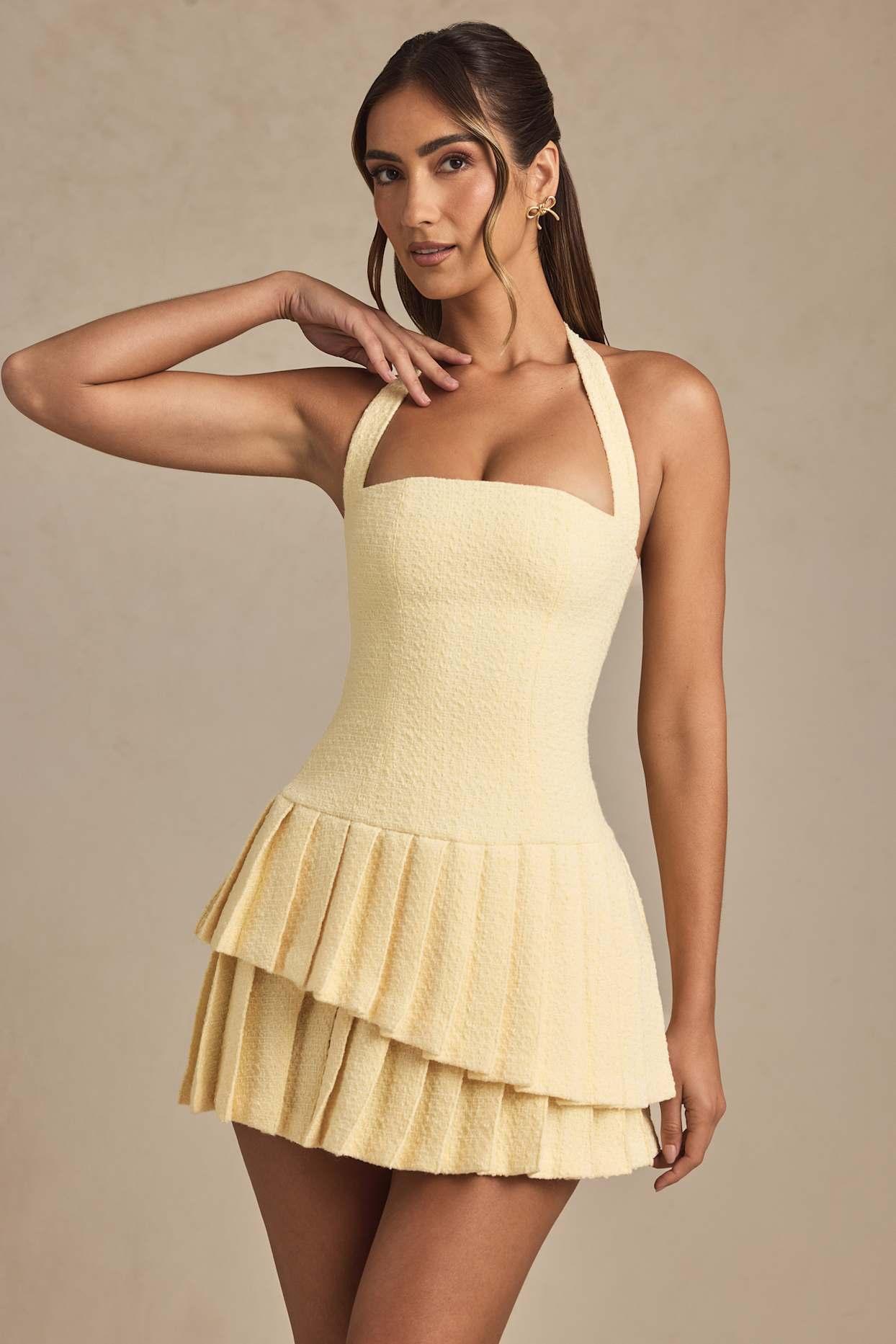 Asymmetric Layered Halterneck Mini Dress in Pastel Yellow Product Image