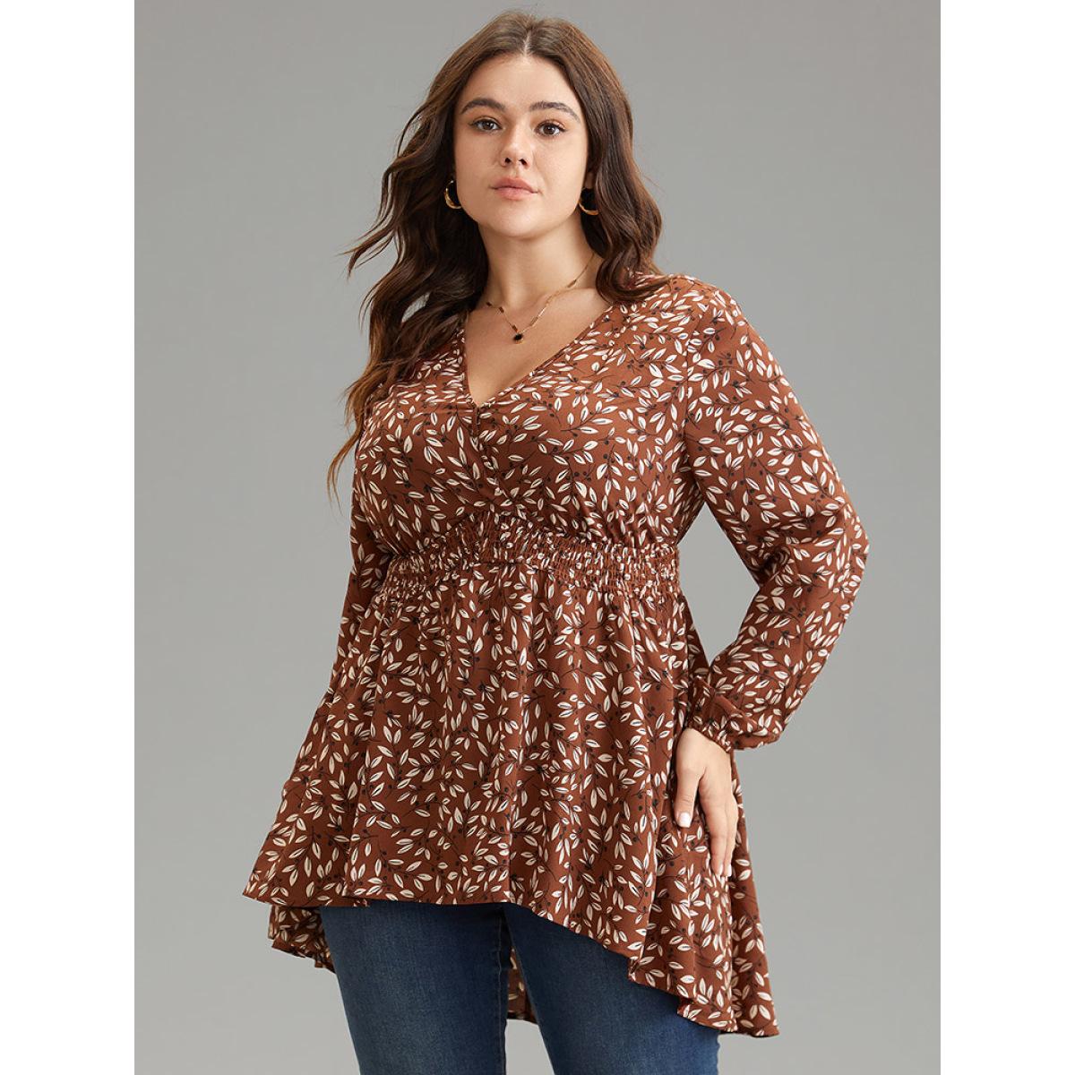 Plus Size Russet Ditsy Floral Shirred Elastic Waist High Low Hem Blouse Women Elegant Long Sleeve V-neck Everyday Blouses BloomChic 28/5X Product Image