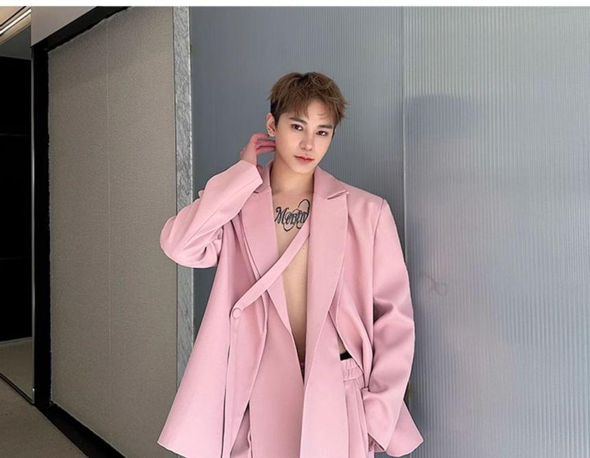 Set: Mock Two-Piece Peak Lapel Plain Buttoned Slit Blazer + Mid Rise Wide Leg Dress Pants Product Image