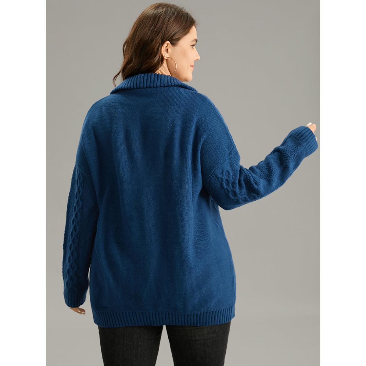 Plus Size Zipper Lapel Collar Cable Knit Pullover Indigo Women Casual Loose Long Sleeve Lapel Collar Dailywear Pullovers BloomChic 28/5X Product Image