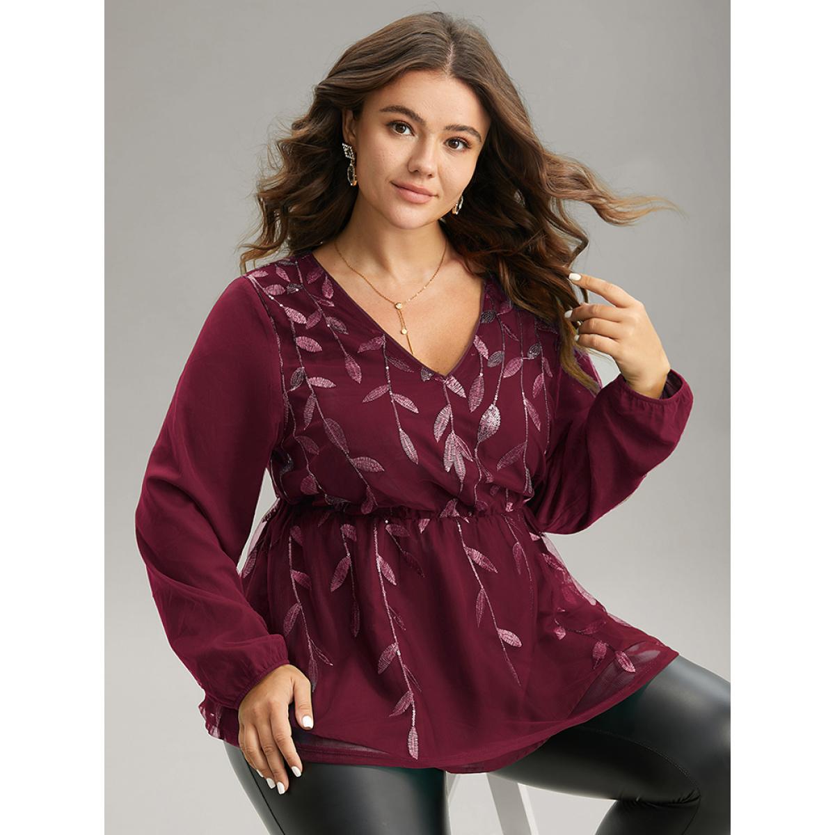 Plus Size Scarlet Leaves Embroidered Sequin Tiered Mesh Blouse Women Glamour Long Sleeve V-neck Party Blouses BloomChic 18-20/2X Product Image