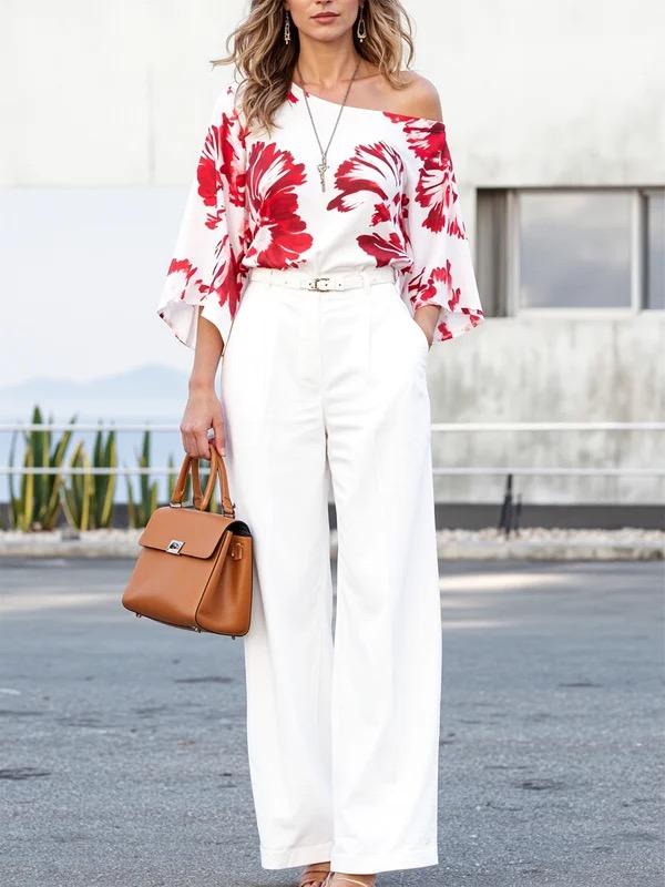 Long Sleeves Loose Contrast Color Flower Print One-Shoulder Blouses&Shirts Tops Product Image