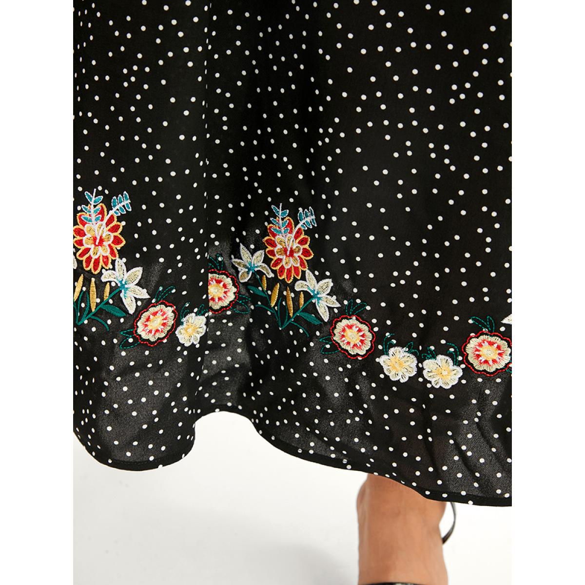 Plus Size Polka Dot Lantern Sleeve Pocket Embroidered Detail Dress Black Women Vacation Embroidered V-neck Long Sleeve Curvy Midi Dress BloomChic 12/L Product Image