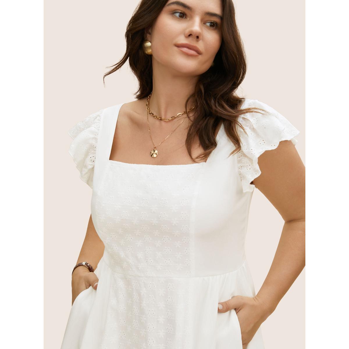Plus Size Square Neck Broderie Anglaise Ruffle Cap Sleeve Dress Originalwhite Women Elegant Ruffles Square Neck Cap Sleeve Curvy BloomChic 18-20/2X Product Image