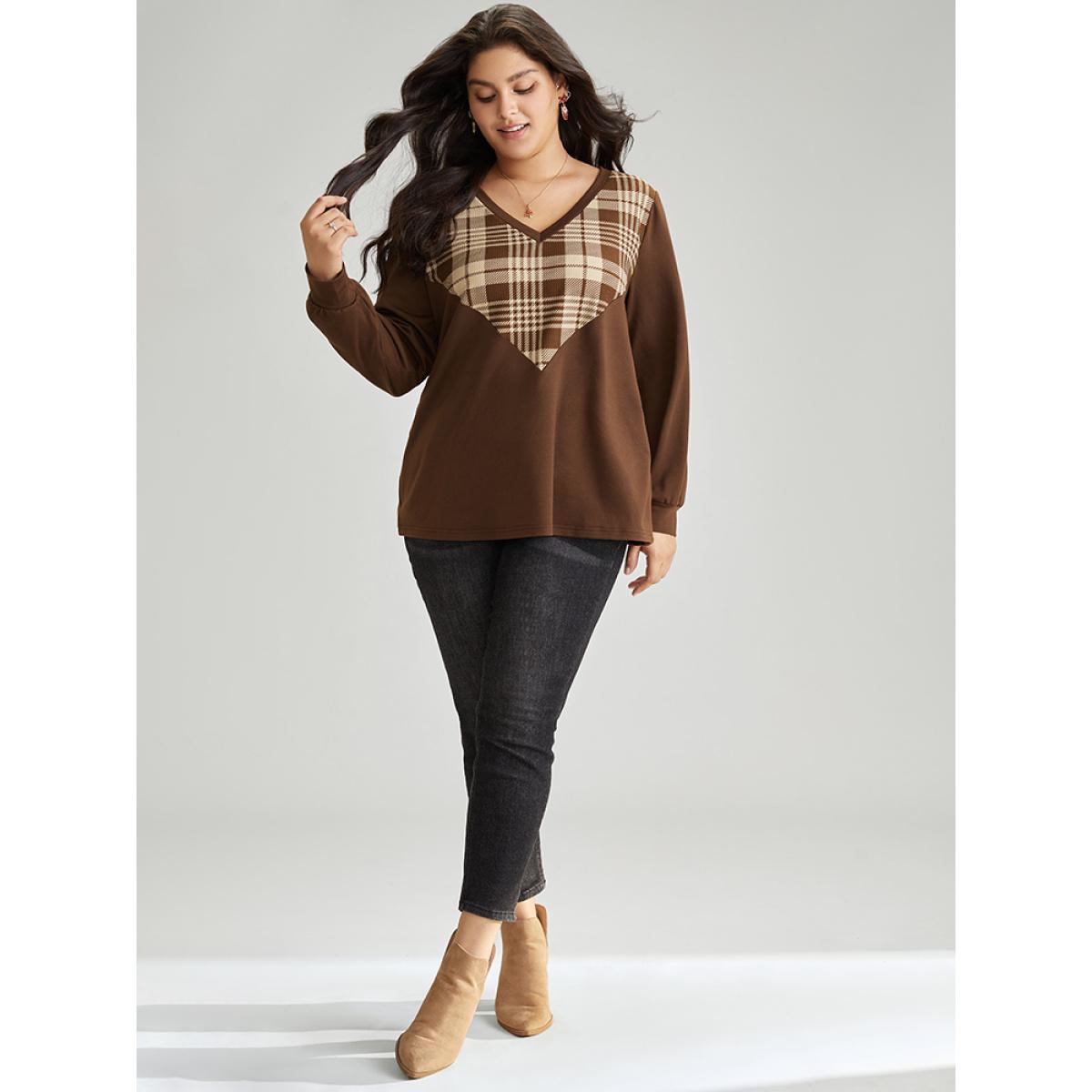 Plus Size Plaid V Neck Patchwork Elastic Cuffs Sweatshirt Women DarkBrown Casual Contrast V-neck Festival-Christmas Sweatshirts BloomChic 18-20/2X Product Image