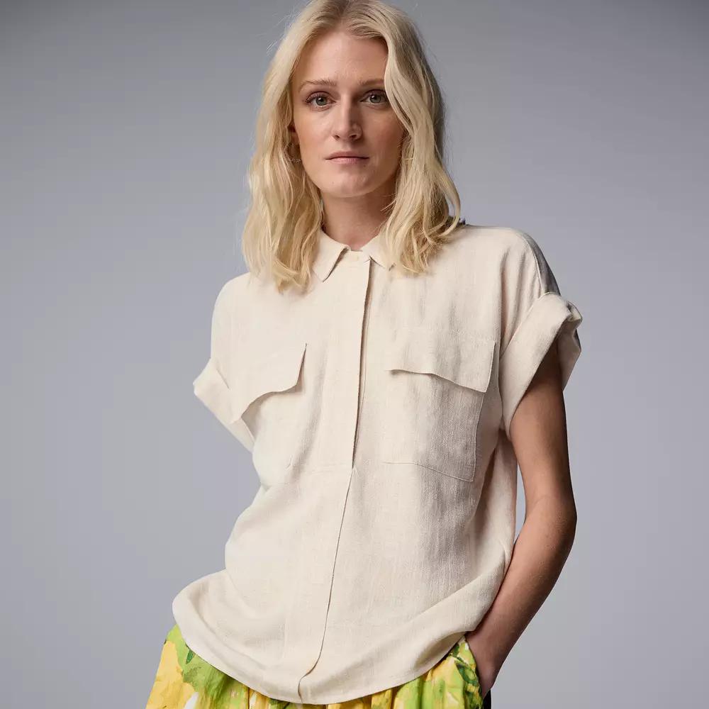 Women's Simply Vera Vera Wang Short Sleeve Linen Shirt, Size: XL, Vera Flax Product Image
