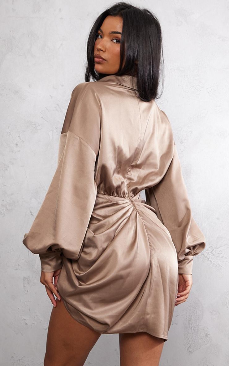 Taupe Satin Drape Skirt Oversized Sleeve Shirt Dress Product Image