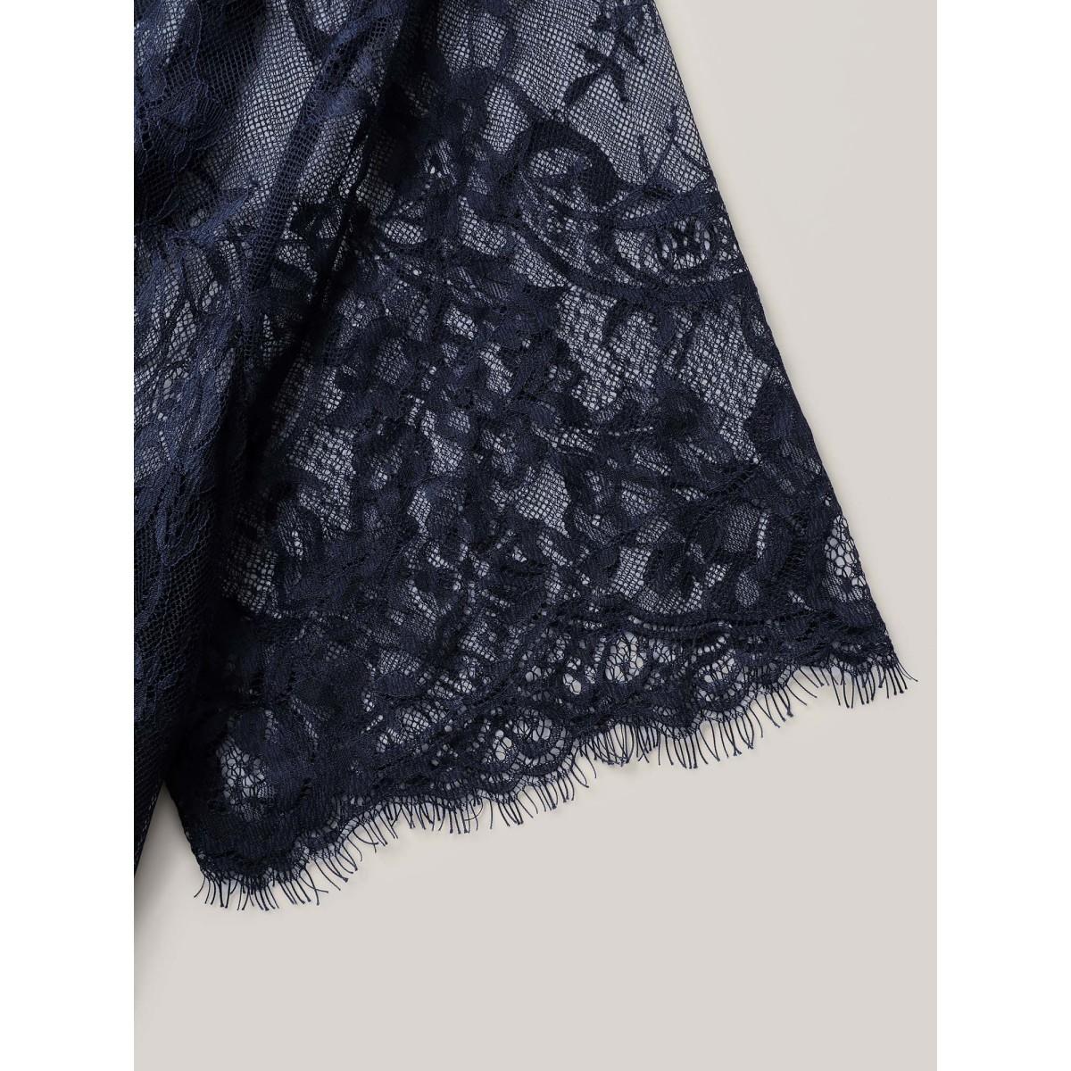 Plus Size Two-Piece Romantic Sheer Lace Lined T-Shirt Indigo Women Romantic See through Round Neck Elegant T-shirts BloomChic 30/6X Product Image