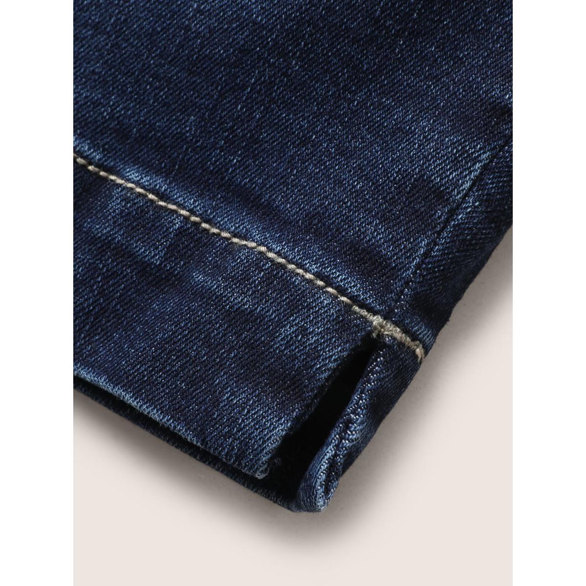 Plus Size Dark Wash Split Hem Quilted Denim Shorts Women Denimindigo Topstitching High stretch Everyday Slanted pocket Casual Denim Shorts BloomChic 10/M Product Image