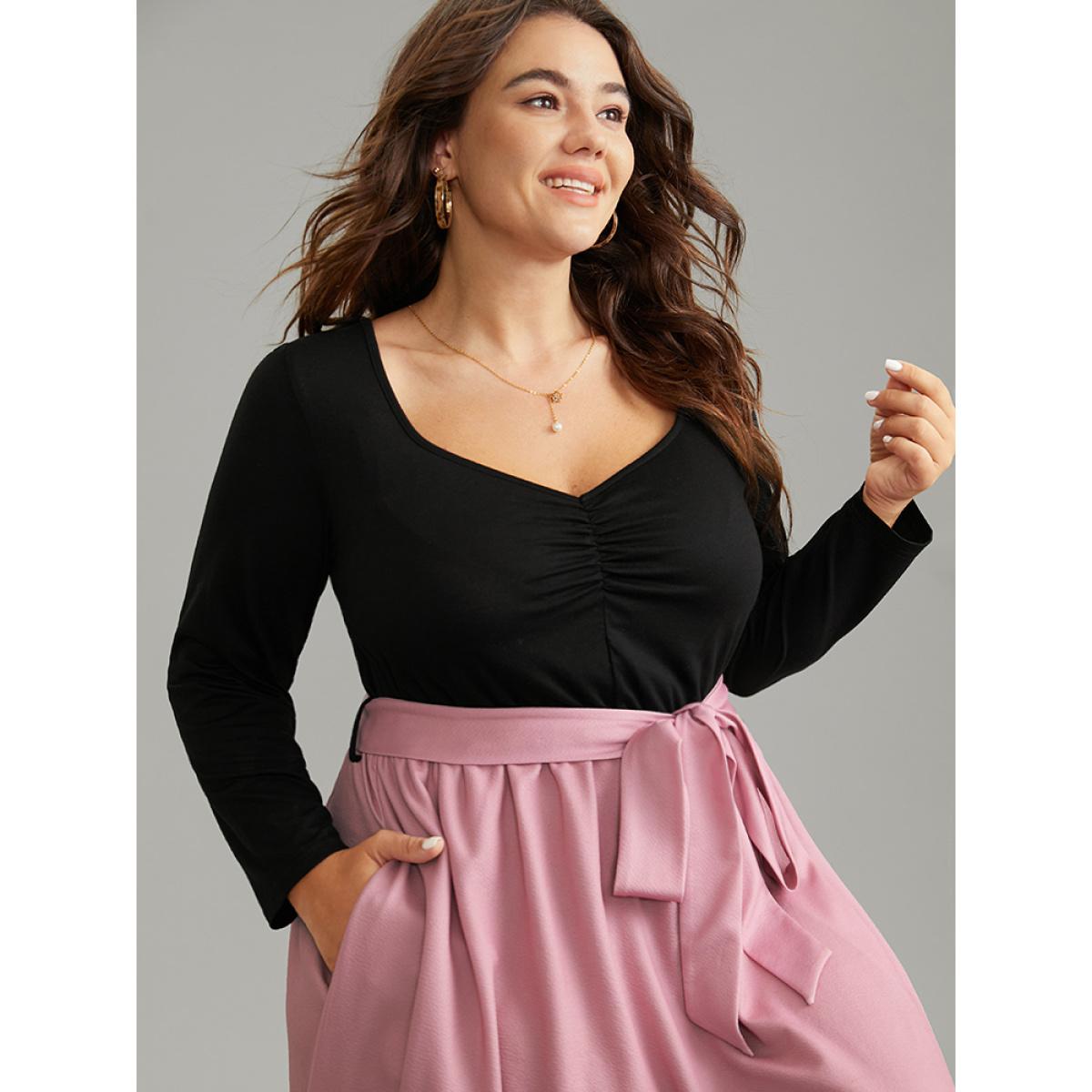 Plus Size Floral Contrast Ruched Square Neck Belted Dress Black Women Elegant Gathered Square Neck Long Sleeve Curvy Midi Dress BloomChic 14-16/1X Product Image