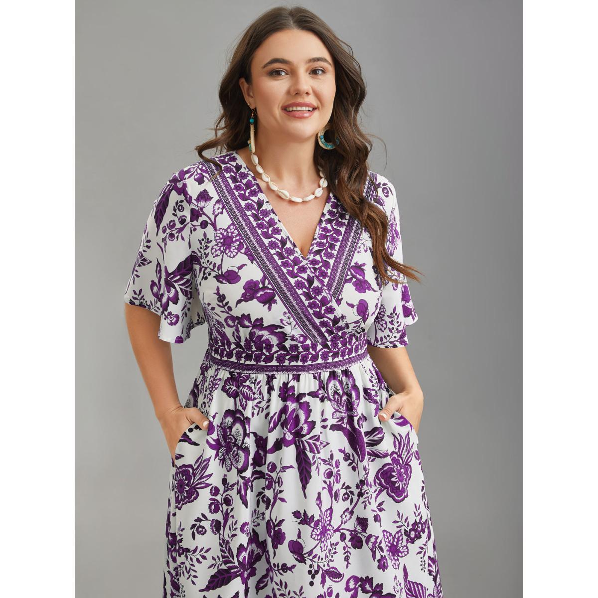 Plus Size Floral Print Wrap-Neck Pocket Midi Dress Mauve Women Resort Non Overlap Collar Short sleeve Curvy BloomChic 14-16/1X Product Image