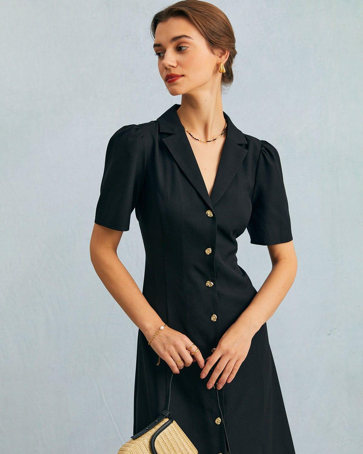 The Black V Neck Button Puff Sleeve Midi Dress Product Image
