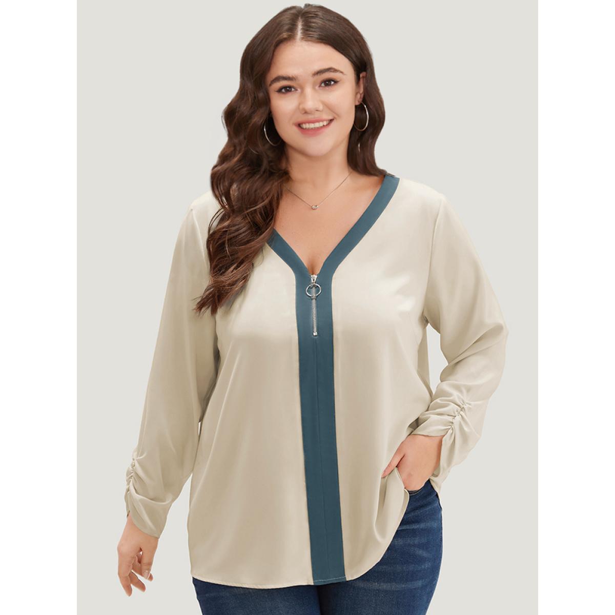 Plus Size Ivory Anti-Wrinkle Half Zip Gathered Contrast Trim Blouse Women Office Long Sleeve V-neck Work Blouses BloomChic 14-16/1X Product Image