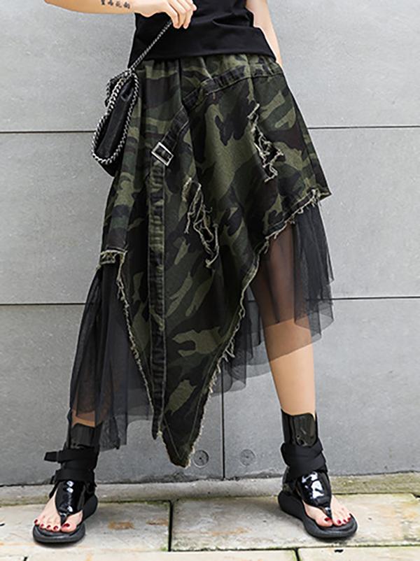 A-Line Loose Asymmetric Camouflage Elasticity Fringed Mesh Split-Joint Skirts Bottoms Product Image
