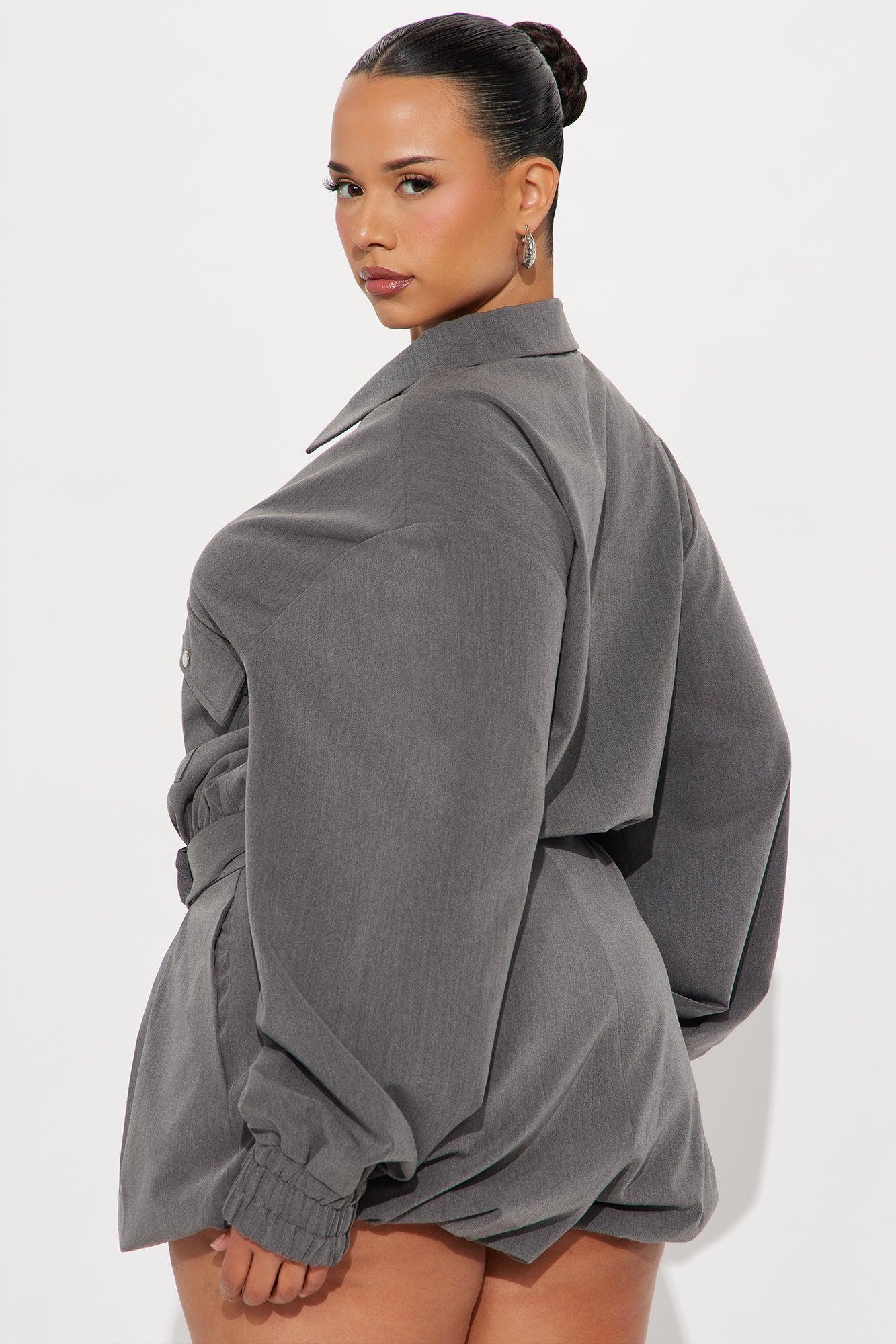 Leanna Cargo Long Sleeve Romper - Charcoal Female Product Image