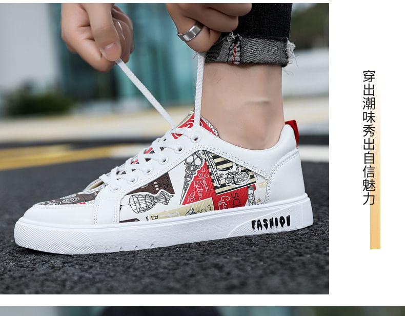 Lettering Print Lace-Up Faux Leather Sneakers Product Image