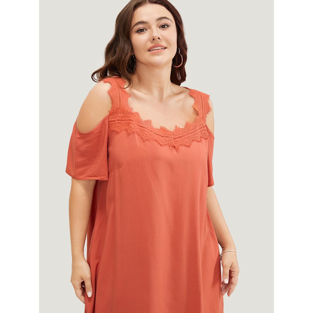 Plus Size Solid Contrast Lace Pocket Cold Shoulder Midi Dress Coral Women Casual Lace Cold Shoulder Short sleeve Curvy Midi Dress BloomChic 14-16/1X Product Image