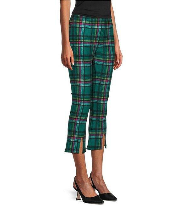 Slim Factor by Investments Ponte Knit Aventurine Plaid No Waist Kick Flare Crop Split Hem Pants Product Image