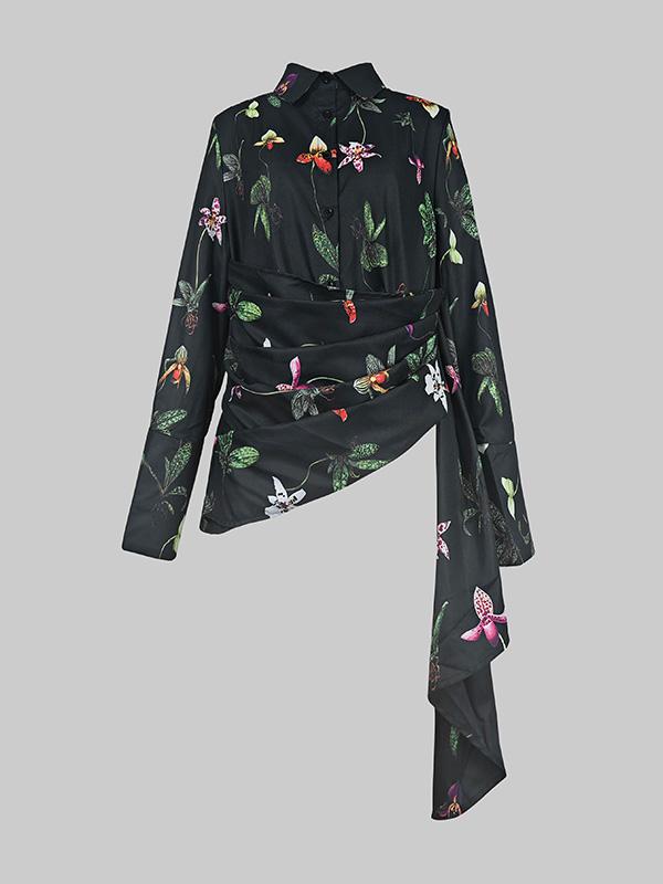 Long Sleeves Loose Asymmetric Flower Print Split-Joint Lapel Blouses&Shirts Tops Product Image