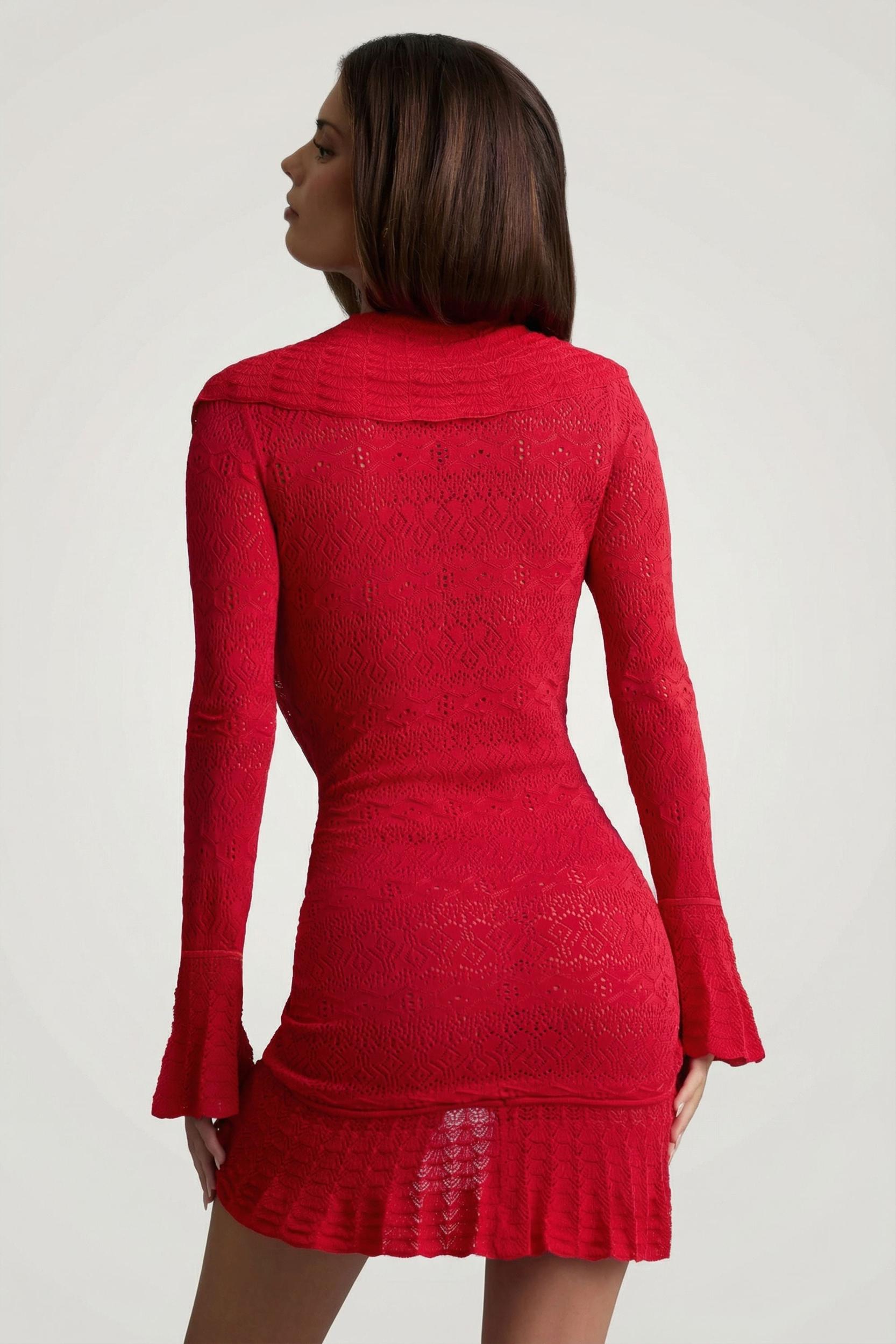 Ruffle-Trim Pointelle-Knit Mini Dress in Scarlet Red Product Image