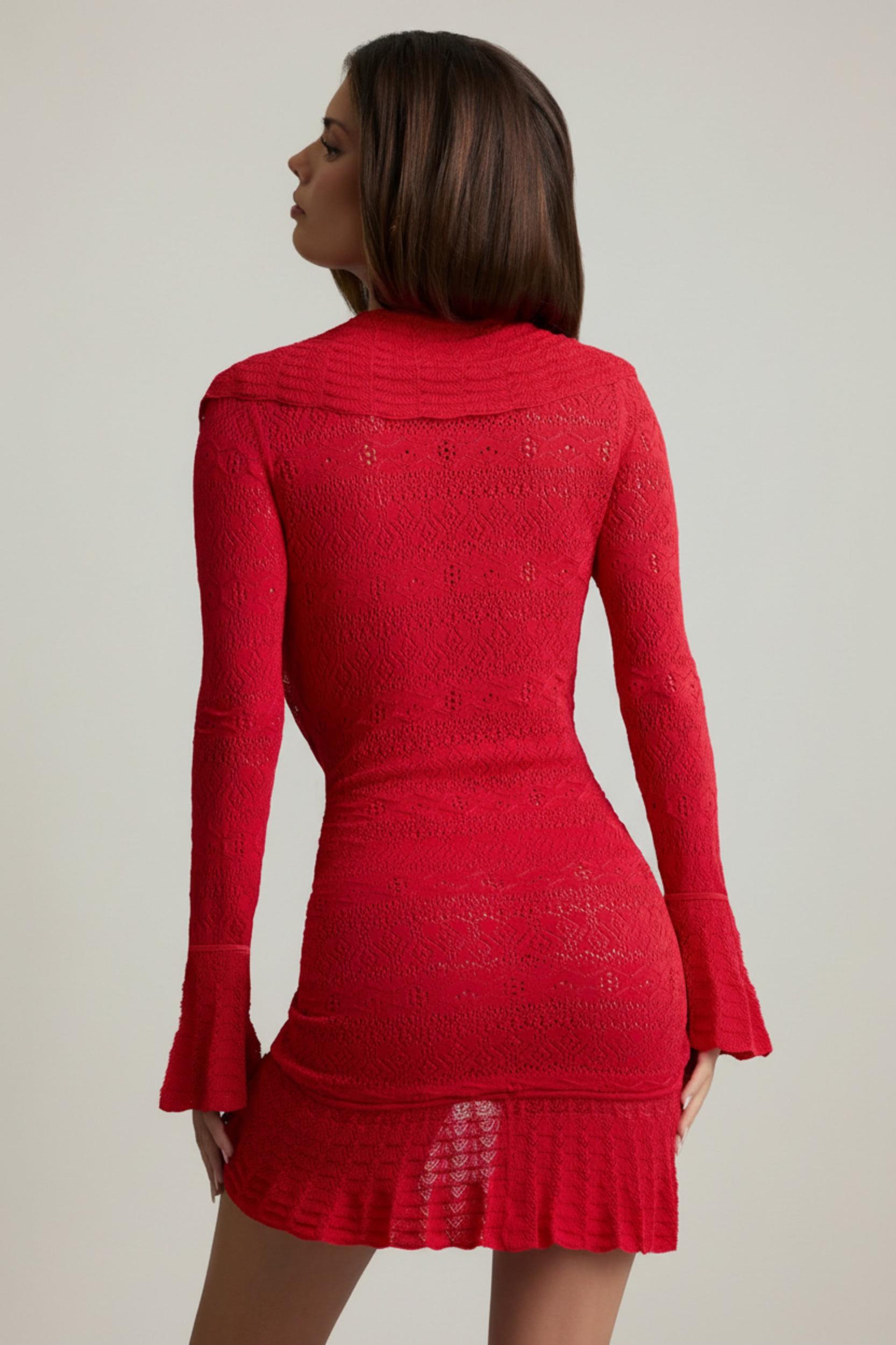 Ruffle-Trim Pointelle-Knit Mini Dress in Scarlet Red Product Image