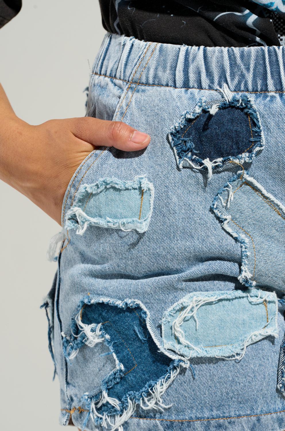 BAD IDEA DENIM PATCHWORK SHORTS Product Image
