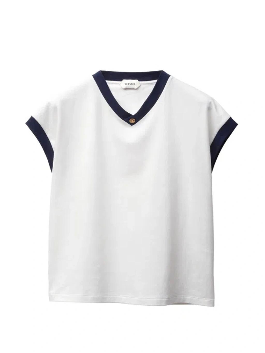 VERSACE Stretch Cotton V Neck Slim Fit T Shirt In White Product Image