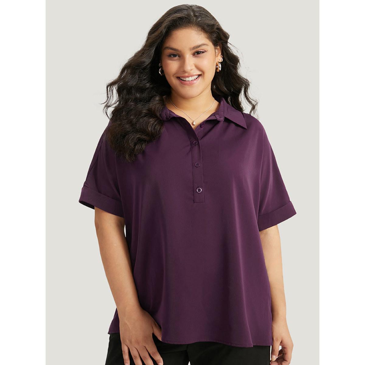 Plus Size Purple Anti-Wrinkle Shirt Collar Button Up Roll Sleeve Blouse Women Office Short sleeve Shirt collar Work Blouses BloomChic 14-16/1X Product Image