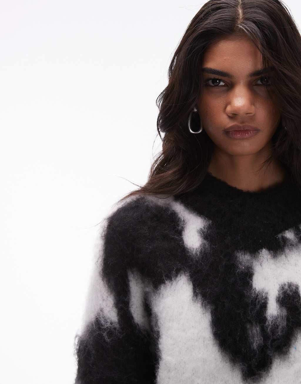 Topshop knitted ultra fluffy high v-neck sweater in cow print Product Image