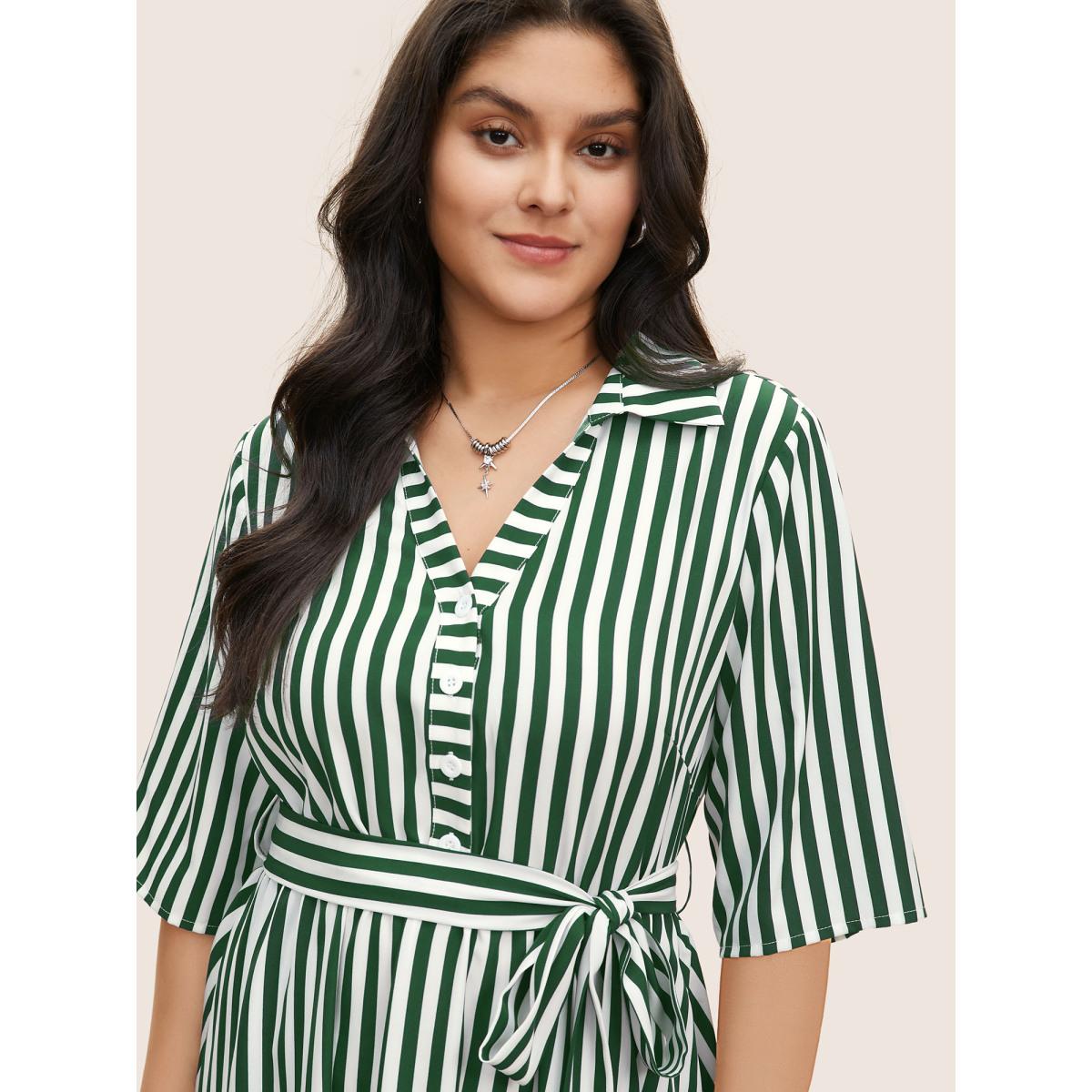 Plus Size Striped Belted Shirt Collar Button Up Dress DarkGreen Women At the Office Non Shirt collar Short sleeve Curvy Midi Dress BloomChic 30/6X Product Image