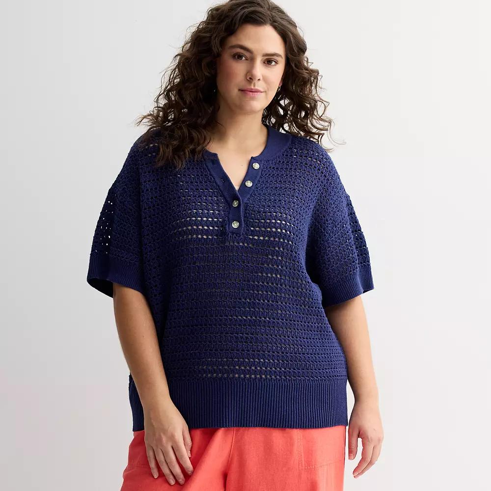 Plus Size Sonoma Goods For Life® Short Sleeve Henley Sweater, Women's, Size: 3XL, Blue Beauty Product Image