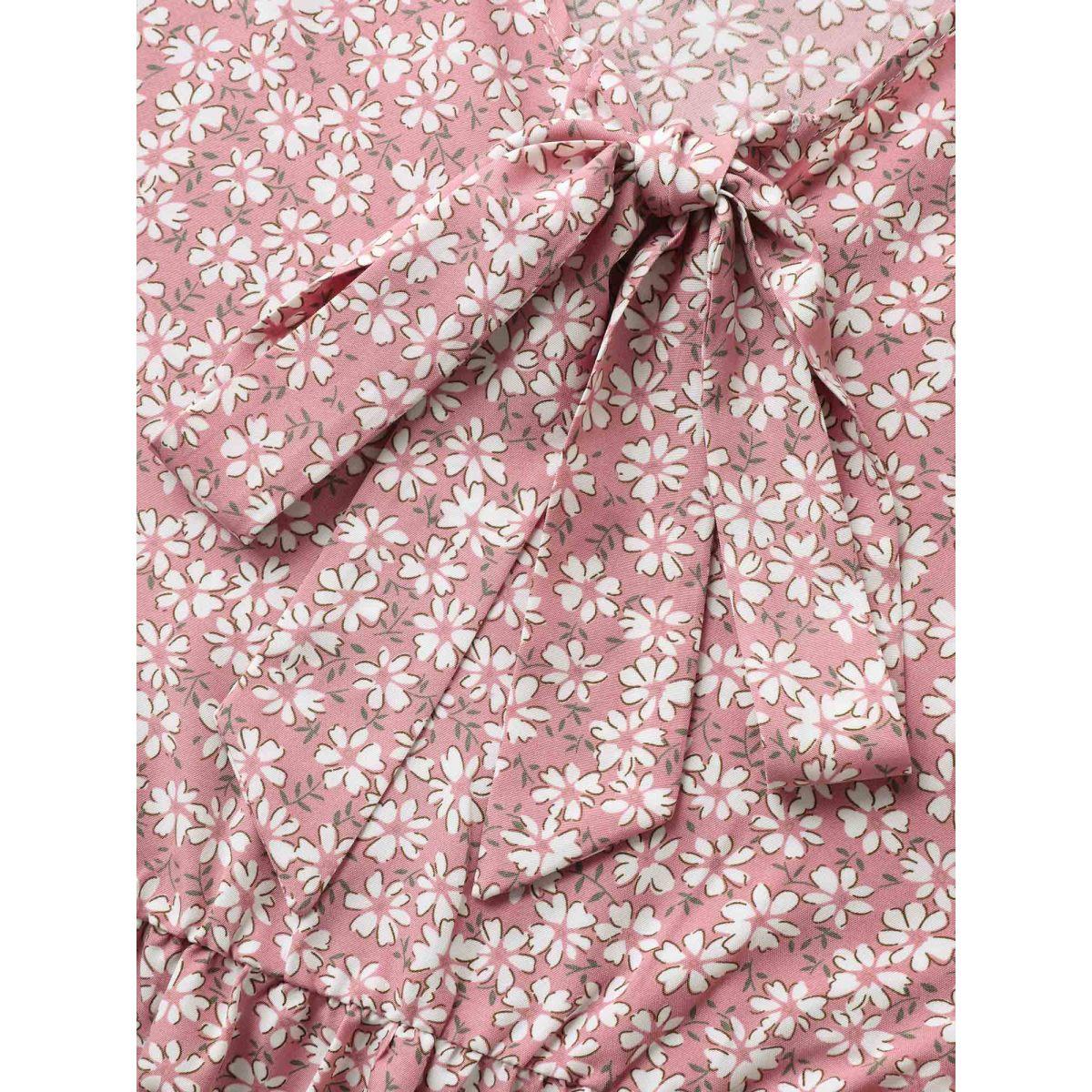 Plus Size Dirtypink Ribbon Neck Floral Print Ruffled Blouse Women Cap Sleeve Ribbon-tied collar Everyday-Elegant Blouses BloomChic 10/M Product Image